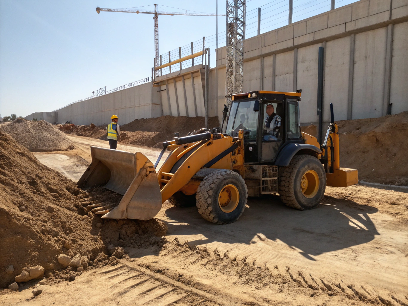 Heavy duty 4x4 backhoe loader on construction site
