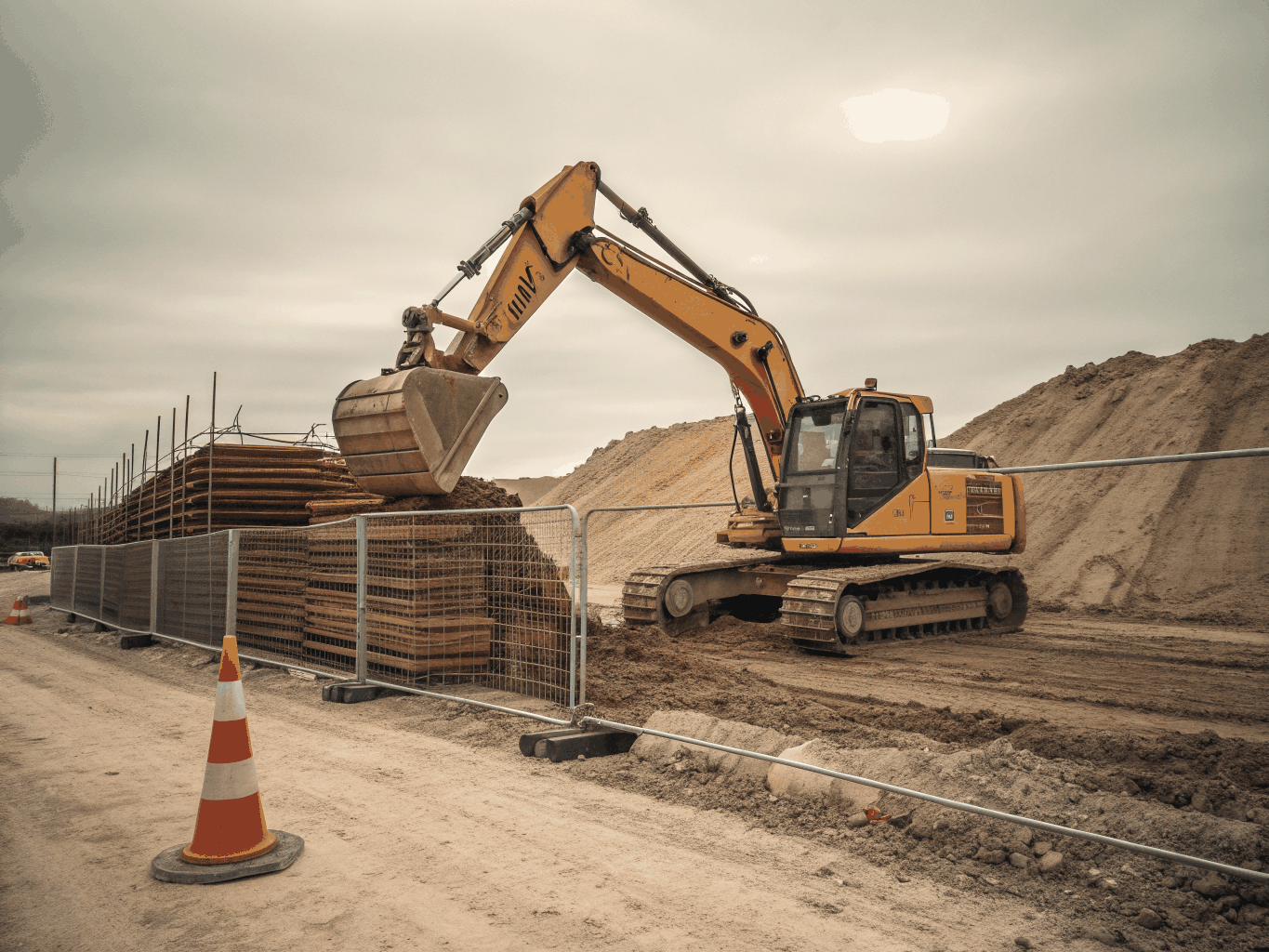 Heavy excavator working in muddy terrain